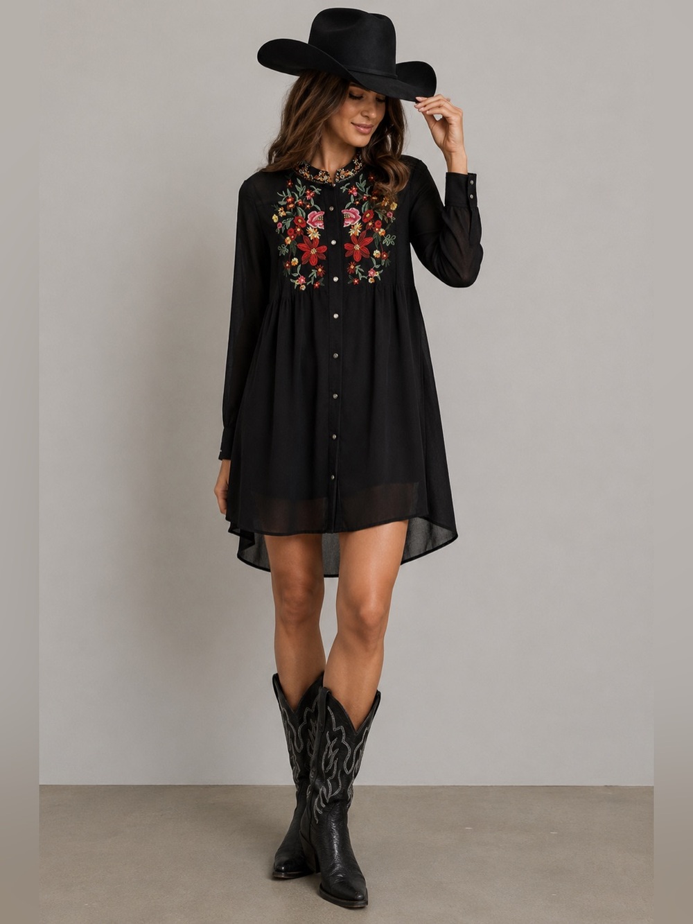 Boho Embroidered Black Sheer Tunic | Floral Button Front | Long Sleeve